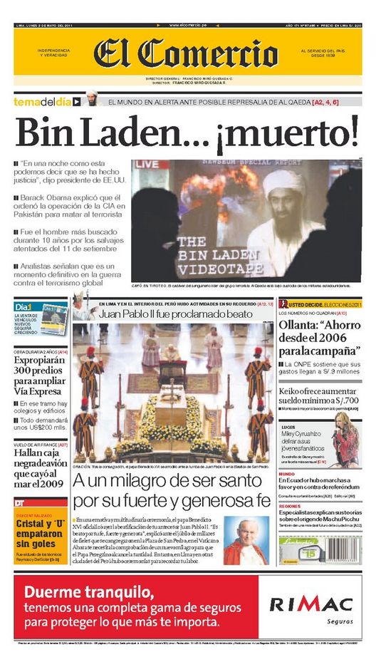 Portada de los diarios de Lima, 02 de Mayo de 2011