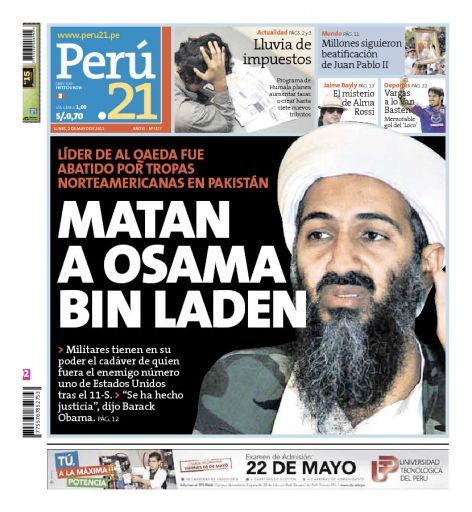 Portada de los diarios de Lima, 02 de Mayo de 2011