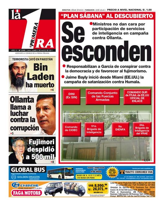 Portada de los diarios de Lima, 02 de Mayo de 2011