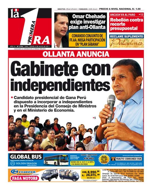 Portada de los diarios de Lima, 05 de Mayo de 2011