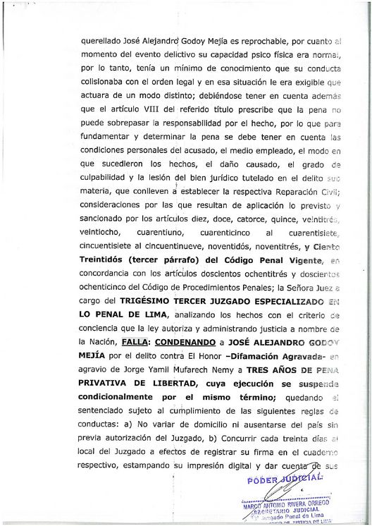 Blogger peruano José Alejandro Godoy es condenado a 3 años de prisión: Texto de la condena