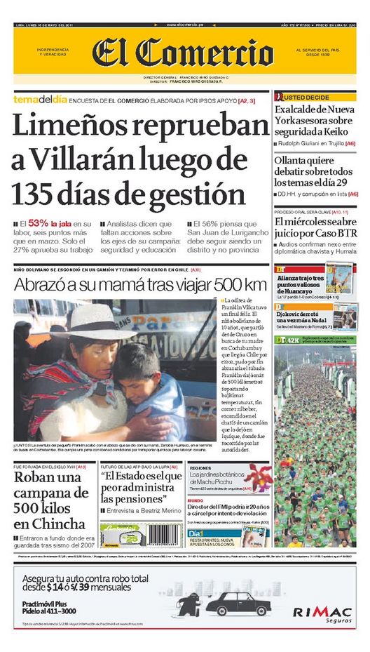 Portada de los diarios de Lima, 16 de Mayo de 2011