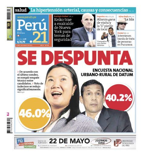 Portada de los diarios de Lima, 16 de Mayo de 2011