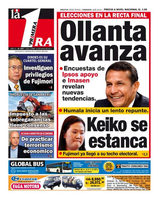 Portada de los diarios de Lima, 16 de Mayo de 2011