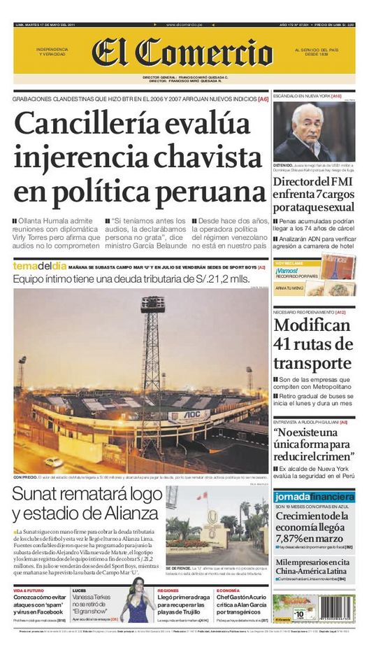 Portada de los diarios de Lima, 17 de Mayo de 2011