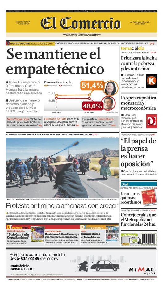 Portada de los diarios de Lima, 23 de Mayo de 2011
