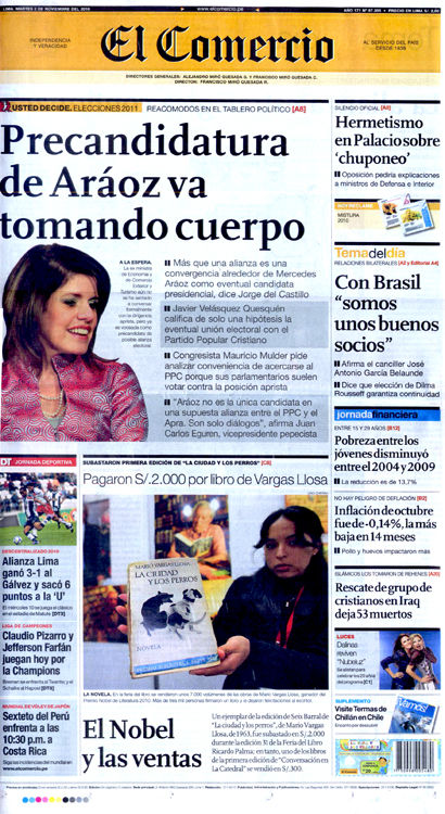 Portada de los diarios de Lima, 2 de noviembre de 2010