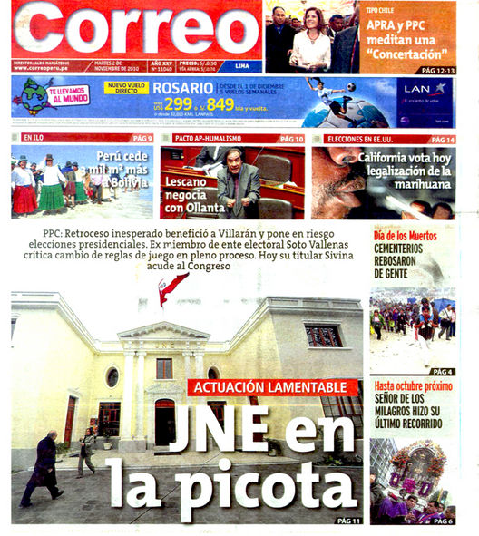 Portada de los diarios de Lima, 2 de noviembre de 2010