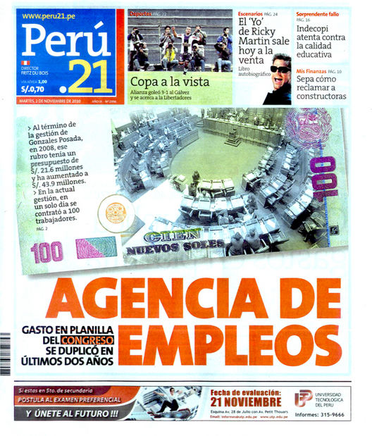 Portada de los diarios de Lima, 2 de noviembre de 2010