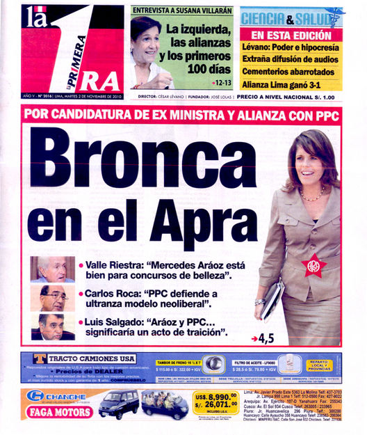 Portada de los diarios de Lima, 2 de noviembre de 2010
