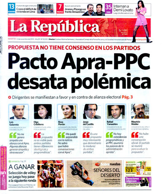 Portada de los diarios de Lima, 2 de noviembre de 2010