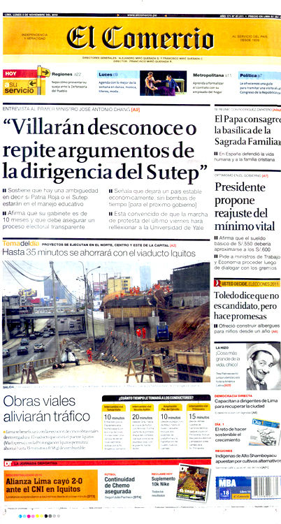 Portada de los diarios de Lima, 8 de noviembre de 2010