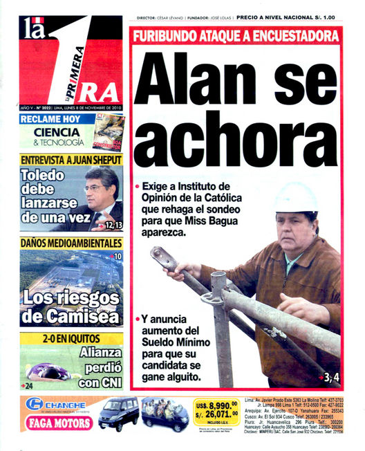 Portada de los diarios de Lima, 8 de noviembre de 2010