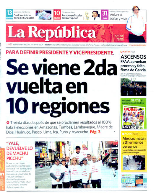 Portada de los diarios de Lima, 8 de noviembre de 2010