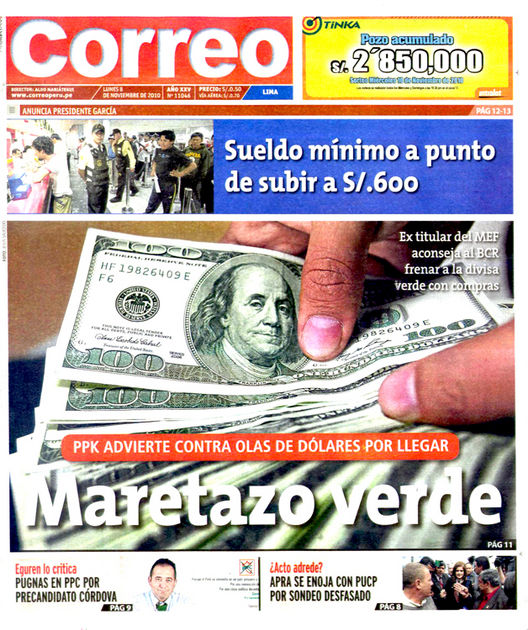 Portada de los diarios de Lima, 8 de noviembre de 2010