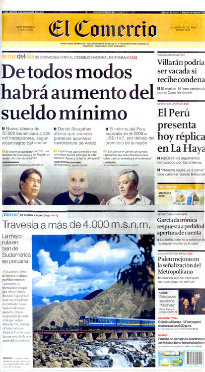 Portada de los diarios de Lima, 9 de noviembre de 2010