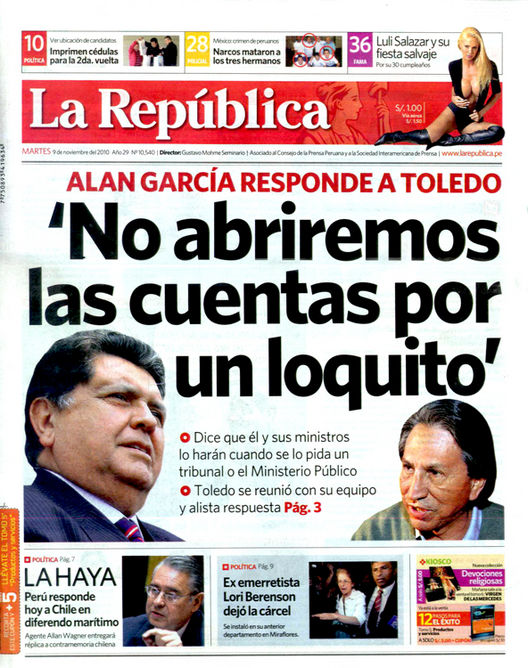 Portada de los diarios de Lima, 9 de noviembre de 2010