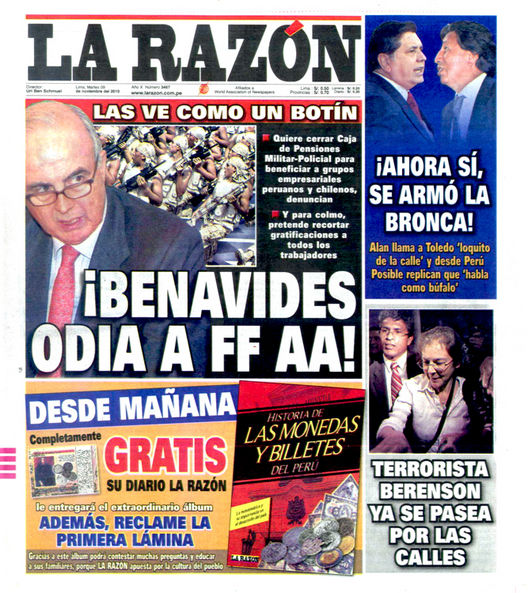 Portada de los diarios de Lima, 9 de noviembre de 2010