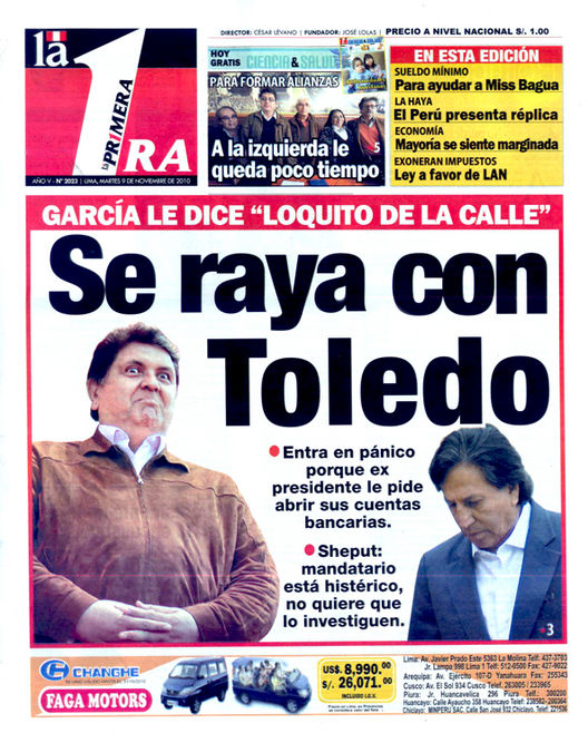 Portada de los diarios de Lima, 9 de noviembre de 2010