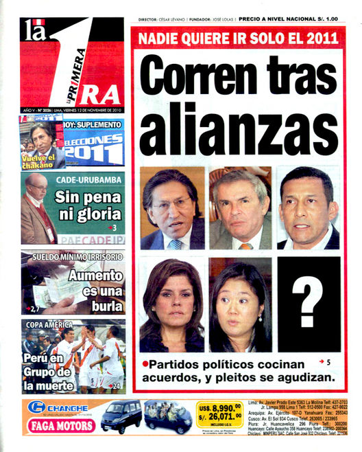 Portada de los diarios de Lima, 12 de noviembre de 2010