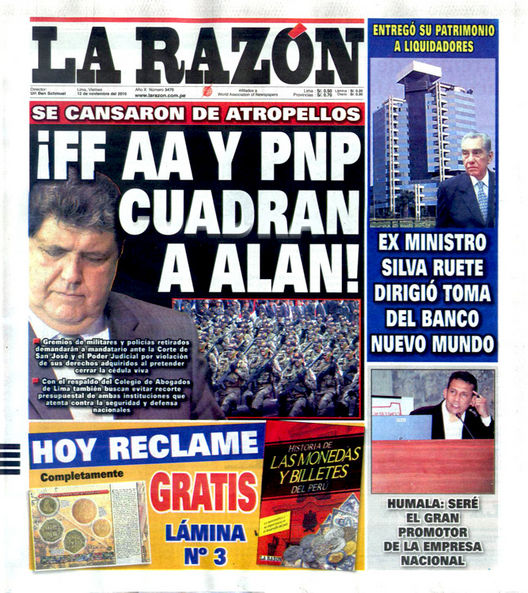 Portada de los diarios de Lima, 12 de noviembre de 2010