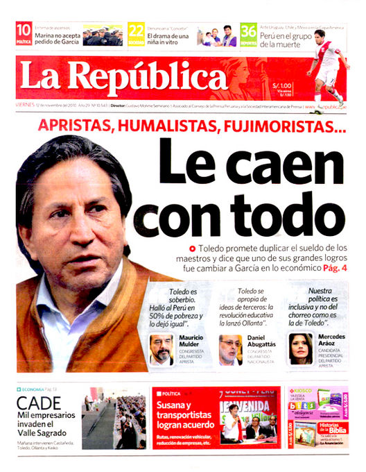 Portada de los diarios de Lima, 12 de noviembre de 2010