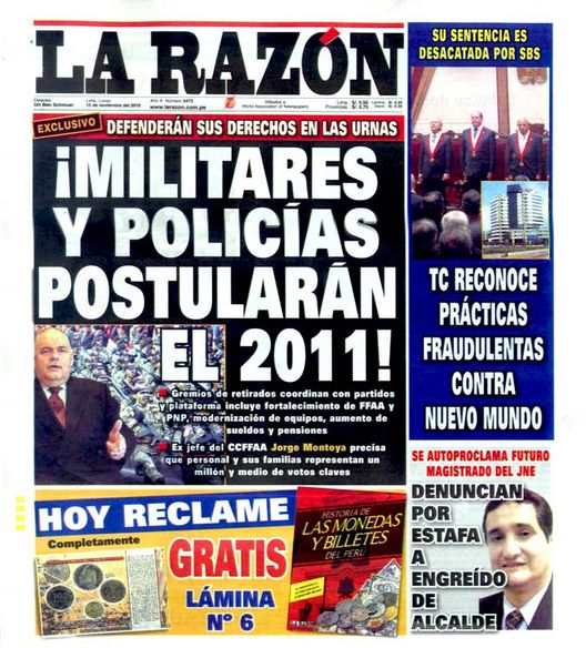 Portada de los diarios de Lima, 15 de noviembre de 2010