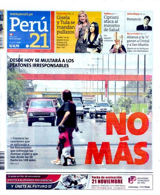 Portada de los diarios de Lima, 15 de noviembre de 2010