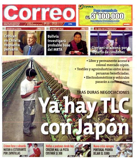 Portada de los diarios de Lima, 15 de noviembre de 2010