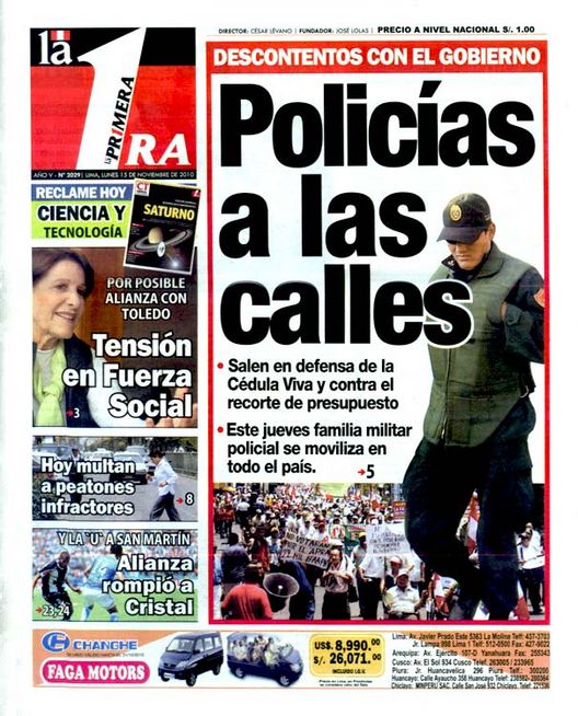 Portada de los diarios de Lima, 15 de noviembre de 2010