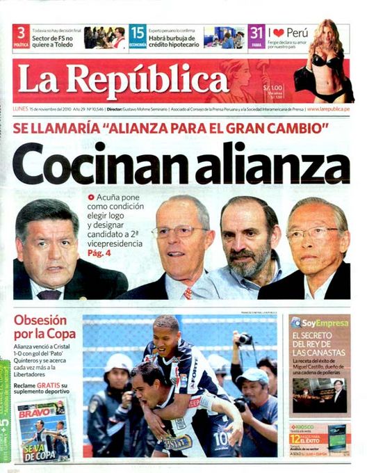 Portada de los diarios de Lima, 15 de noviembre de 2010