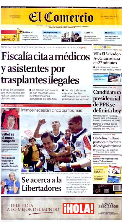 Portada de los diarios de Lima, 15 de noviembre de 2010