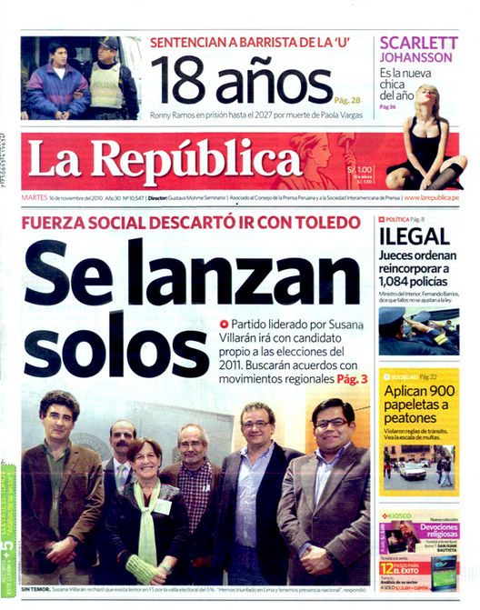 Portada de los diarios de Lima, 16 de noviembre de 2010