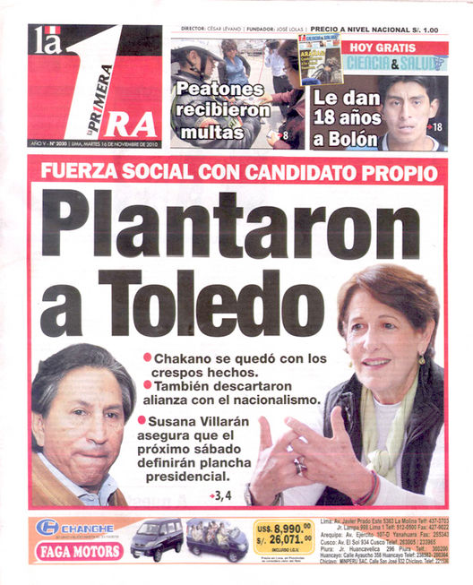 Portada de los diarios de Lima, 16 de noviembre de 2010