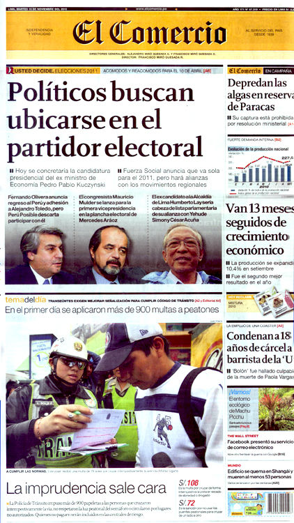 Portada de los diarios de Lima, 16 de noviembre de 2010