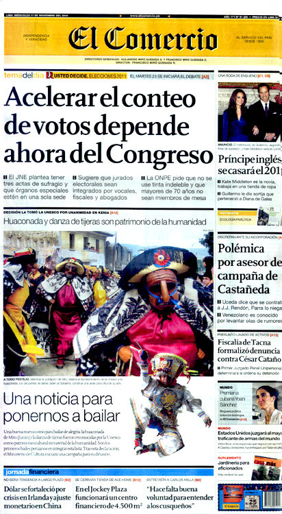 Portada de los diarios de Lima, 17 de noviembre de 2010