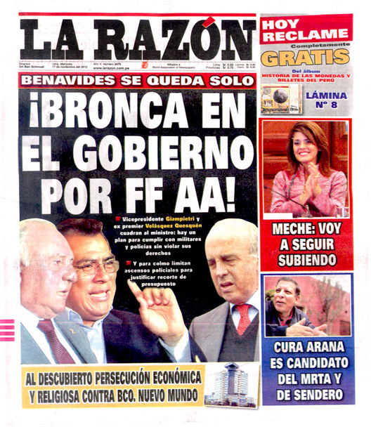 Portada de los diarios de Lima, 17 de noviembre de 2010