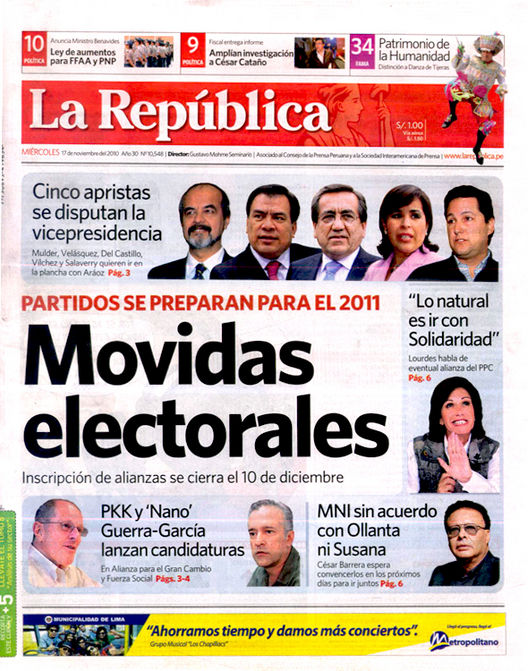 Portada de los diarios de Lima, 17 de noviembre de 2010