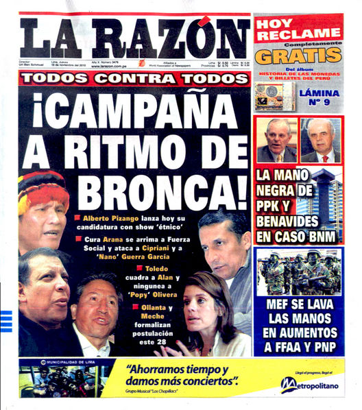 Portada de los diarios de Lima, 18 de noviembre de 2010