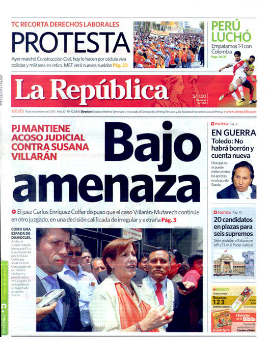 Portada de los diarios de Lima, 18 de noviembre de 2010