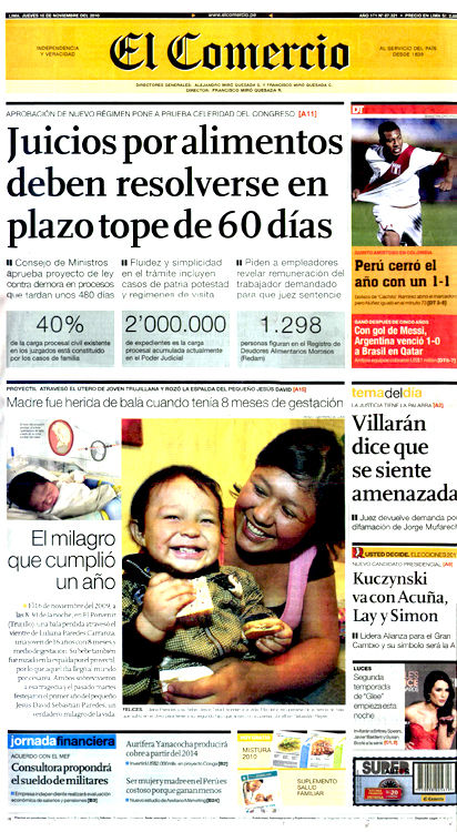 Portada de los diarios de Lima, 18 de noviembre de 2010